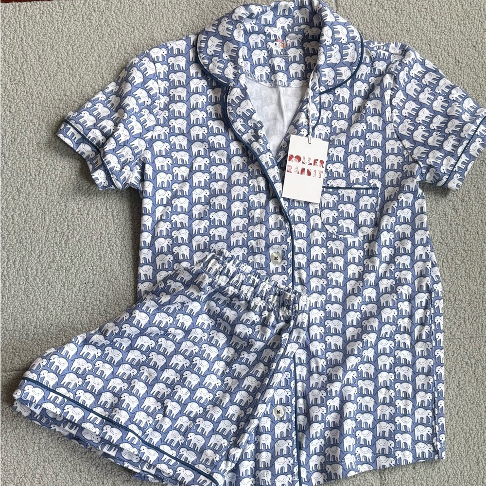 ROLLER RABBIT NWT HATHI Blue Elephant Polo Pajama Set Size XS